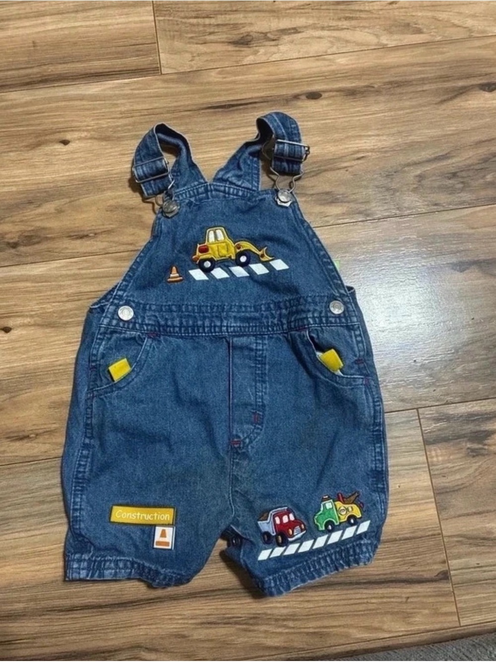 Kids Denim Short Overalls with Construction Appliqués - Blue